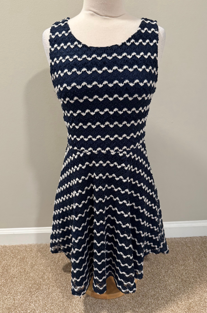 Ezra Women Knit Lace Dress Navy Blue White Chevron Skater Keyhole Fits Small Med